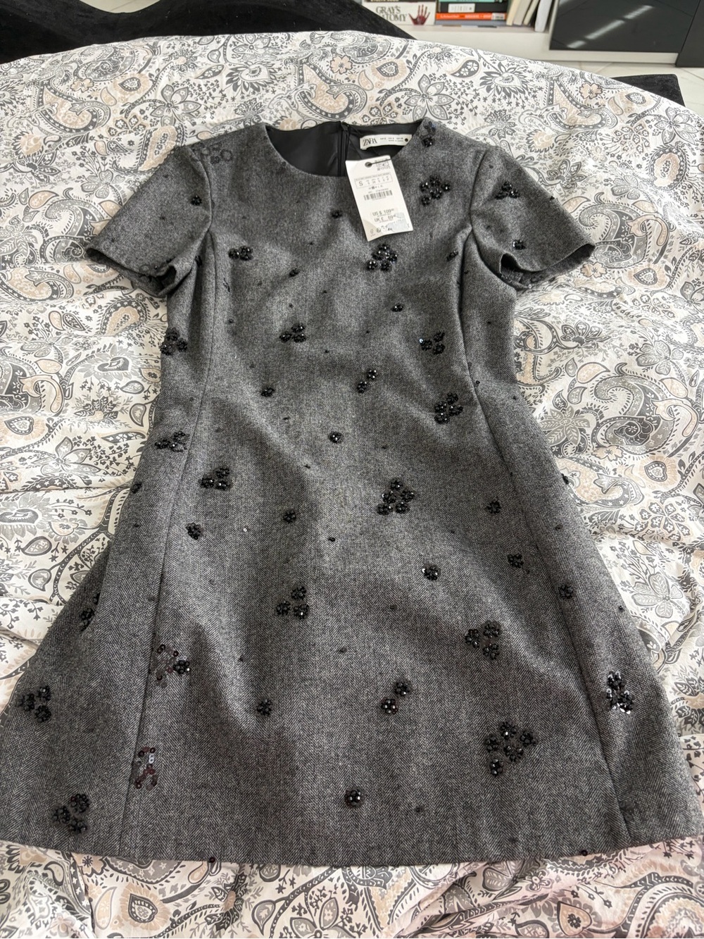 ZARA Wool Gray Embellished Mini Dress